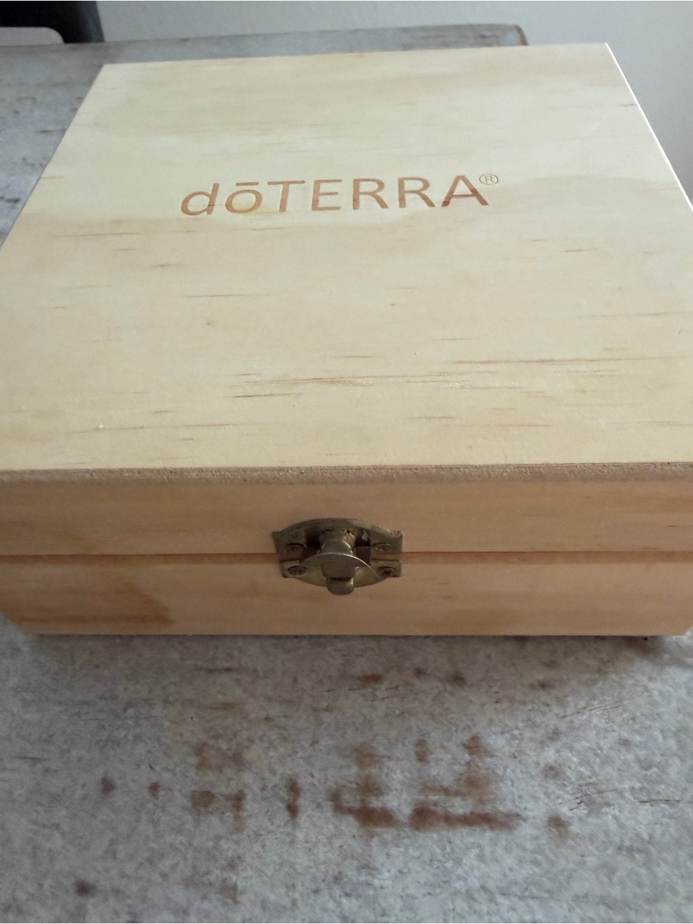 Doterra Light Wood Storage Box with Brass Latch, stickers included.